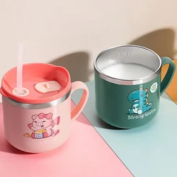 250ml/8.5oz Kids Drinking Feeding Straw Baby Cup with Lid&Straw and Anti Drop 304 Stainless Steel Milk Cup Cartoon One Hand Grip