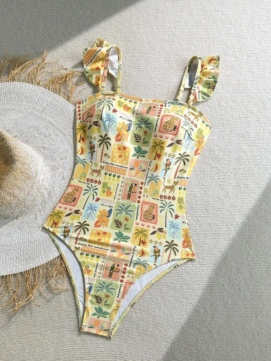 

High Waisted One Piece Swimsuit With Tropical Print For Women Summer Beach Vacation