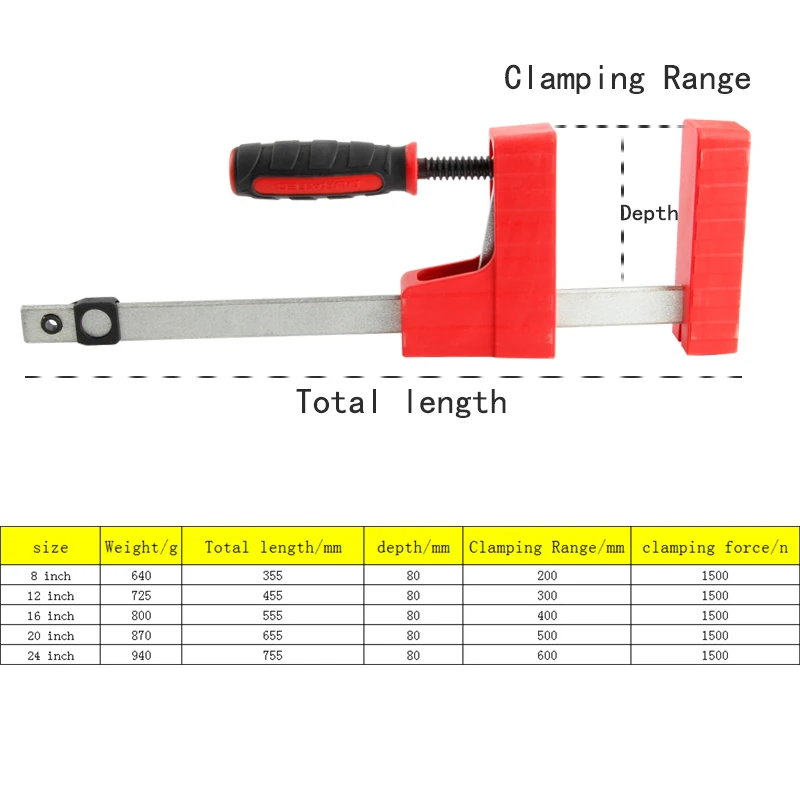 Heavy Du ty F Parallel Clamp, 1500N Clamping Force, 8-24 Inch, 80mm Throat Depth Adjustable Woodworking Fixture Clamp