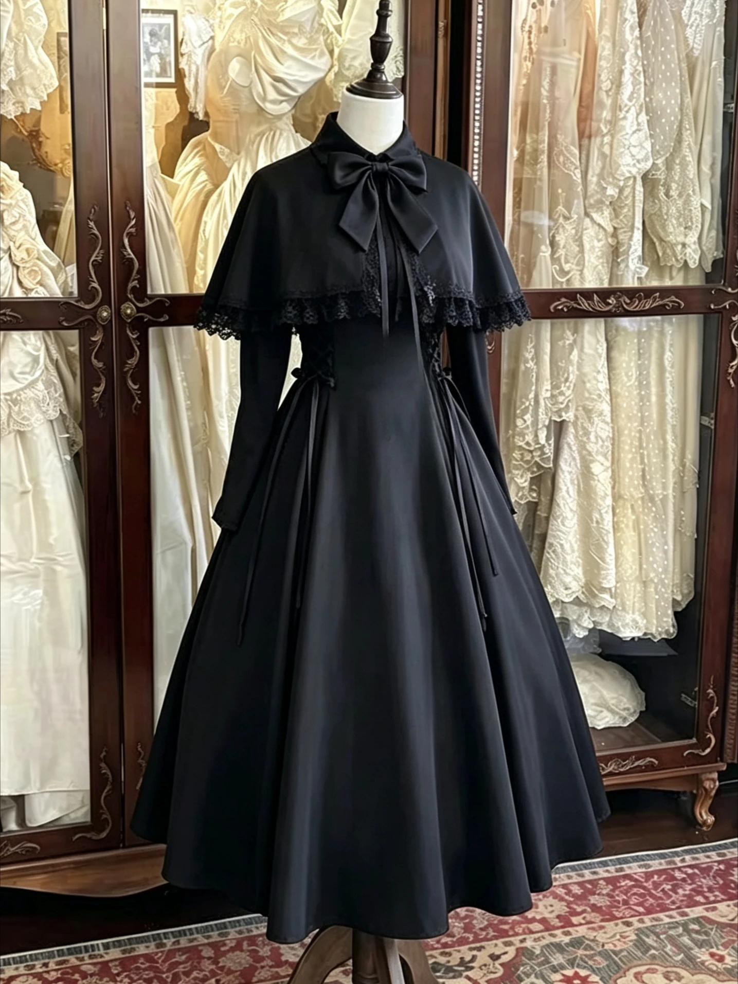 Y2K Gothic Spitzen-Midikleid Damen Vintage Lolita Langarm Slim Fit Schwarz Elegantes Streetwear Party Wunderschönes Kleid