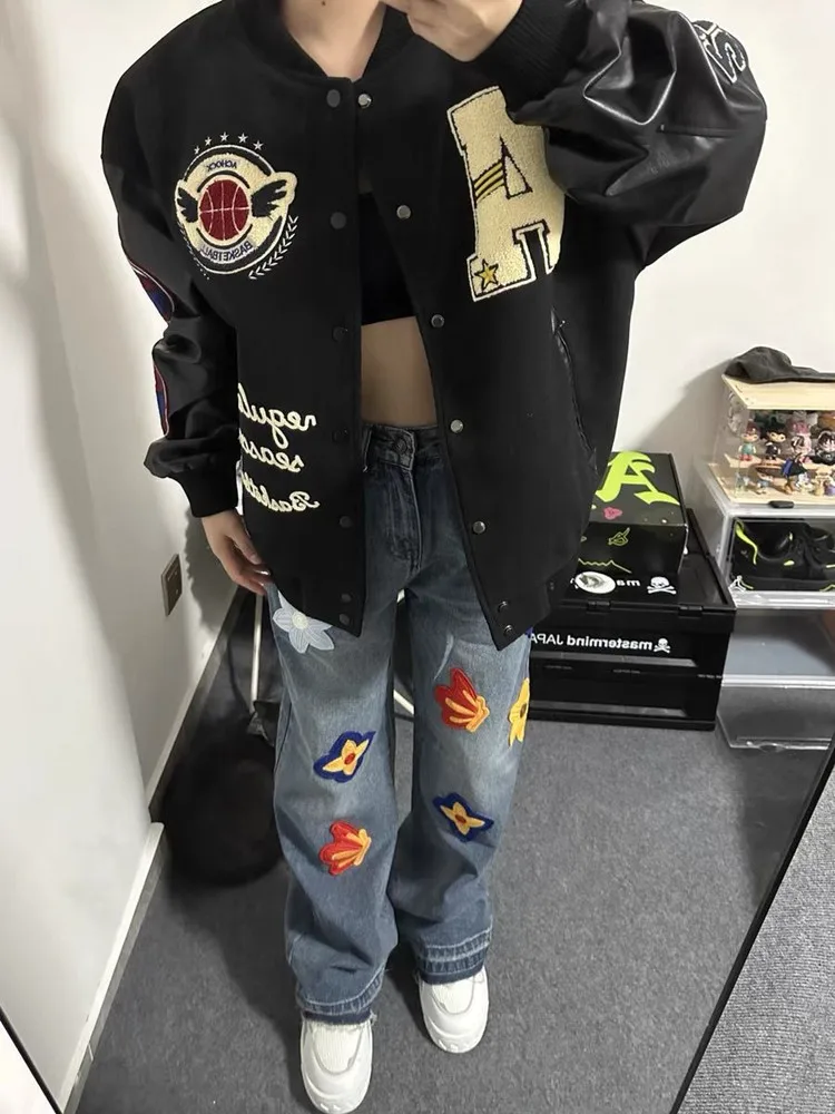 Street Creative Letter Vintage Petal Embroidered Jeans Woman’s Spring and Autumn Loose Straight Leg Wide Leg Washed Denim Pants