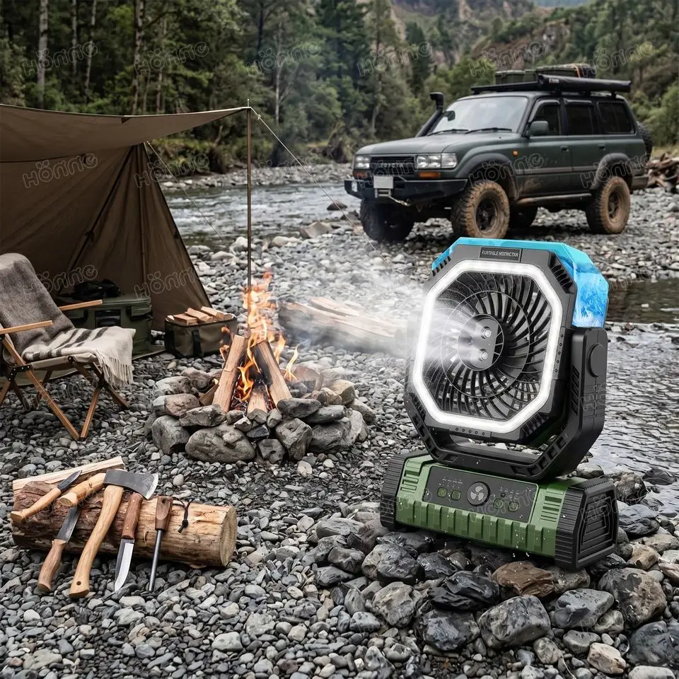 

20000mAh spray camping fan USB charging with lamp power emergency reversible portable camping fan outdoor.