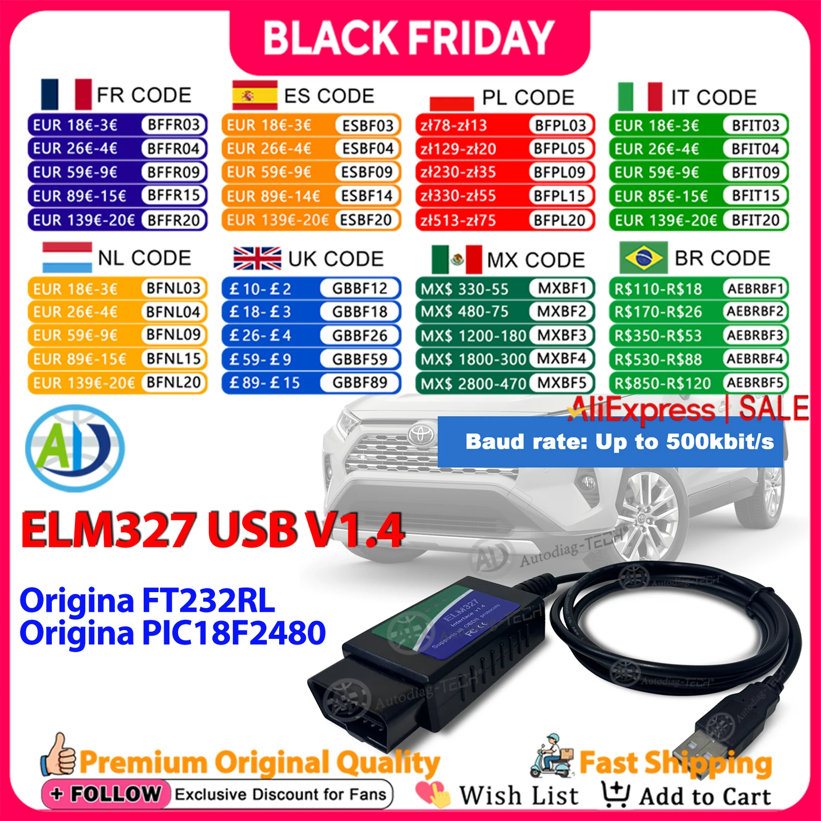 

ELM327 USB V1.4 оригинальный FTDI FT232RL + чип PIC18F2480 OBD2 диагностический сканер автомобильный OBDII диагностический инструмент для VW/Peugeot/VOLVO