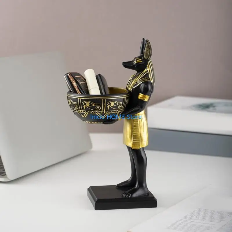 A5YD Handcrafted Anubis Figurine With Jewelry Bowl Resin Sculpture Holder Egyptian God Art Collectible Display Ornament