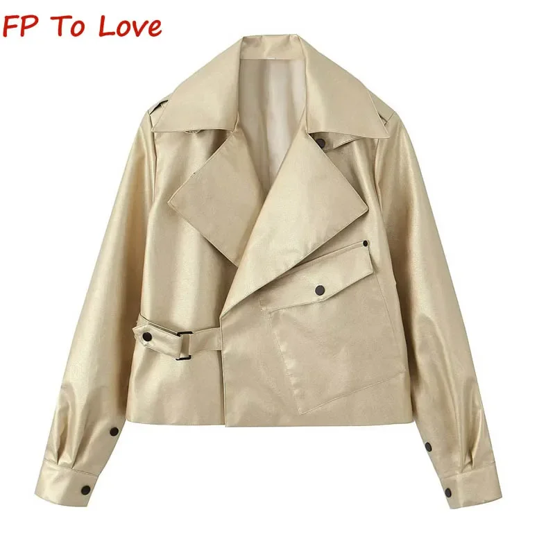 Y2K 2023 Autumn Winter Street Hipster Long Sleeve Lapel Silver Leather Jacket Loose Gold PU Personalised Jacket Women