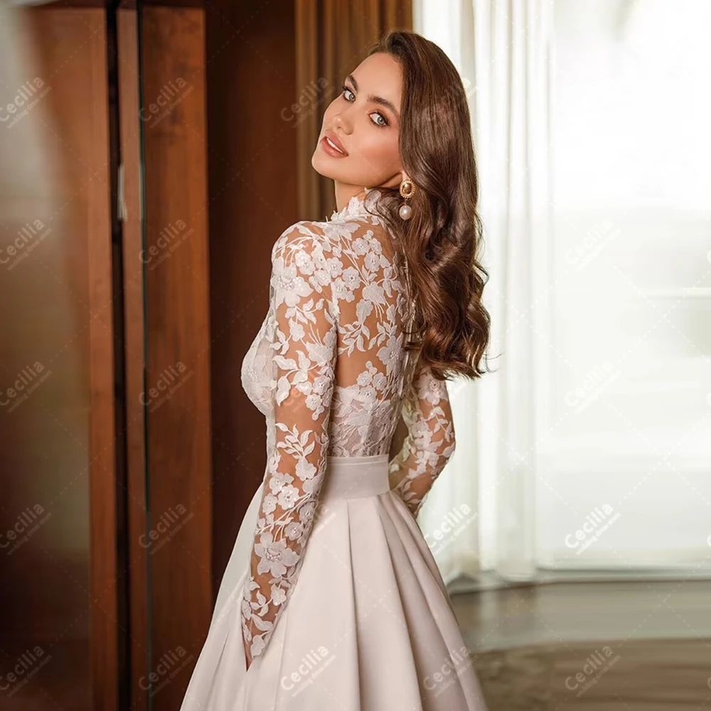 優雅なウェディングドレスヴィンテージブライダルドレスレースアップリケフルスリーブローブフォーマルパーティー用カスタマイズされたvestidosデノビア