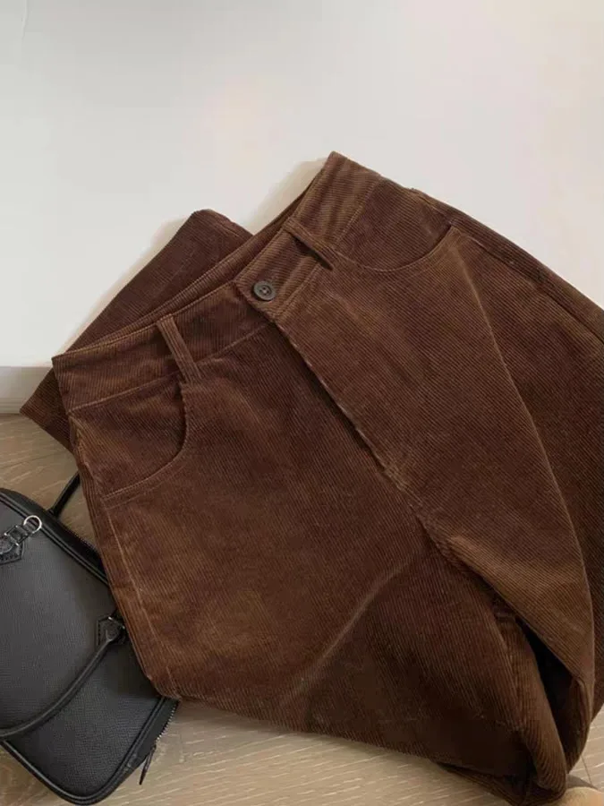 

Осенне-зимние коричневые вельветовые брюки прямого кроя для женщин, широкие длинные брюки в американском стиле, с простой текстурой, на молнии, с завышенной талией