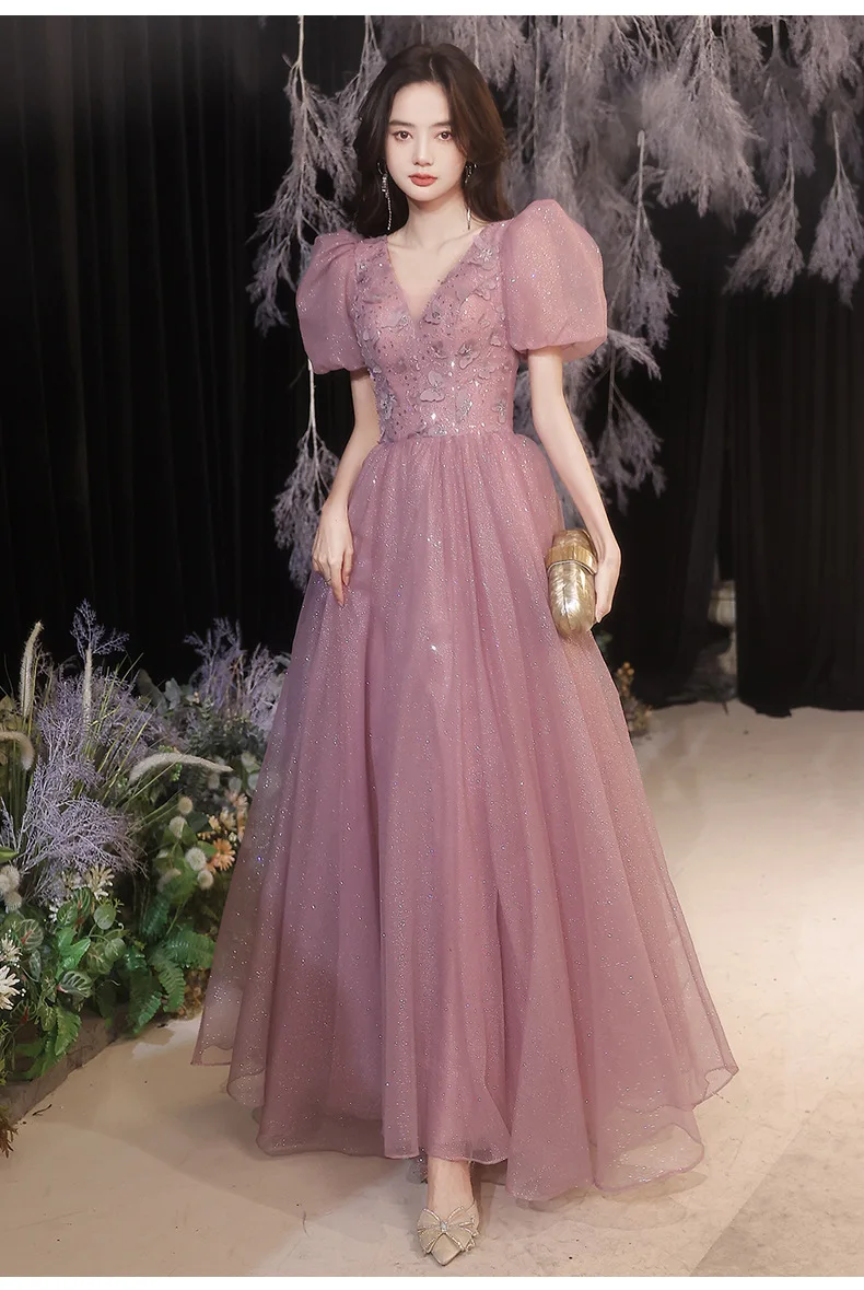 Elegant V คอผีเสื้อ Applique ชีฟองกลับผู้หญิงชุดราตรี A-Line Tulle ปาร์ตี้ชุดราตรี Vestidos De Fiesta