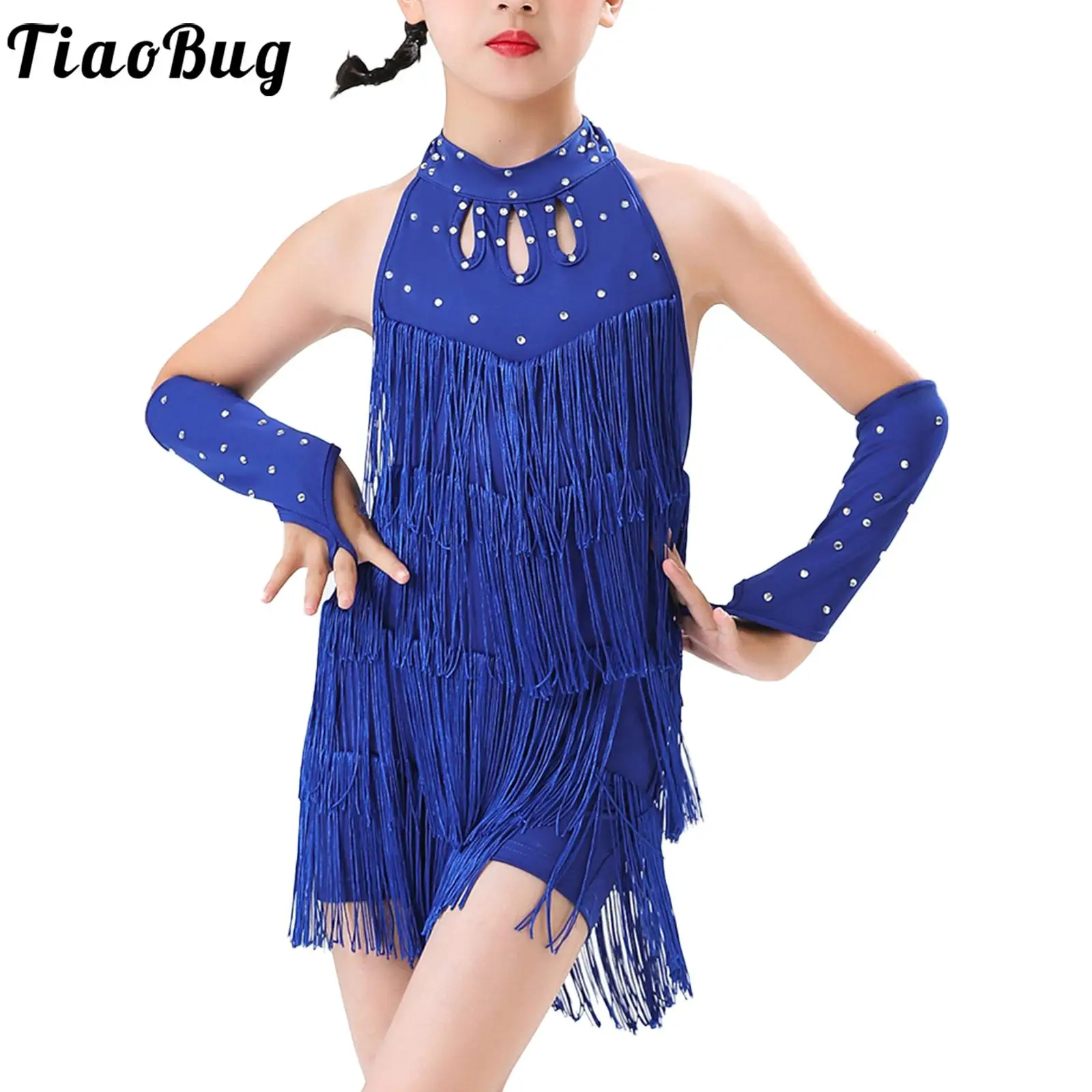 

Girls Dance Dress Outfits Halter Backless Fringe Tassel Cha Cha Latin Dress Kids Samba Rumba Salsa Skirt Performance Costume