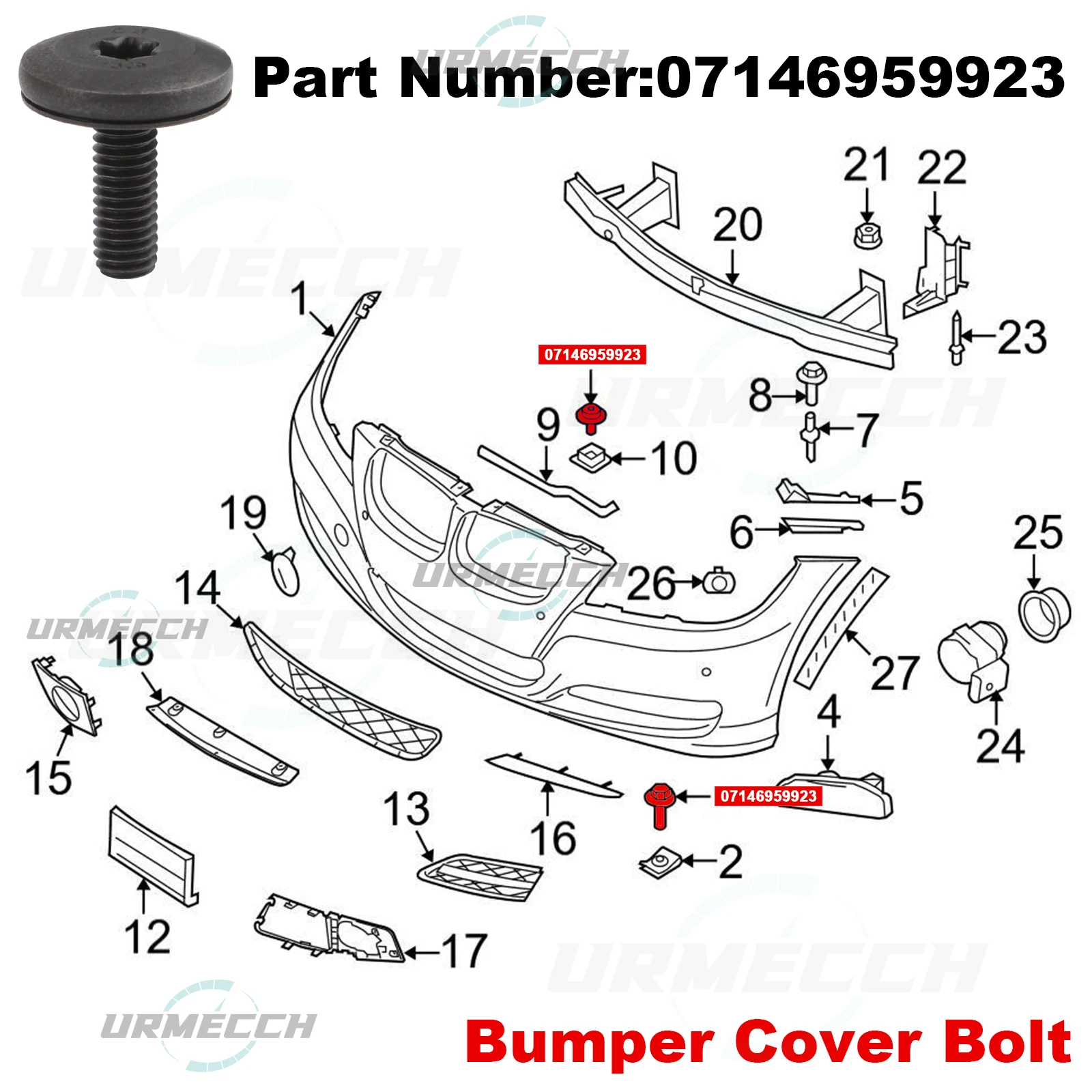 T30 Torx 헤드 볼트, BMW 1, 3, 5, 6 시리즈용, 헤드라이트 장착 볼트 나사 07146959923, 프론트 센터 어퍼 라디에이터 지지대 M6x18