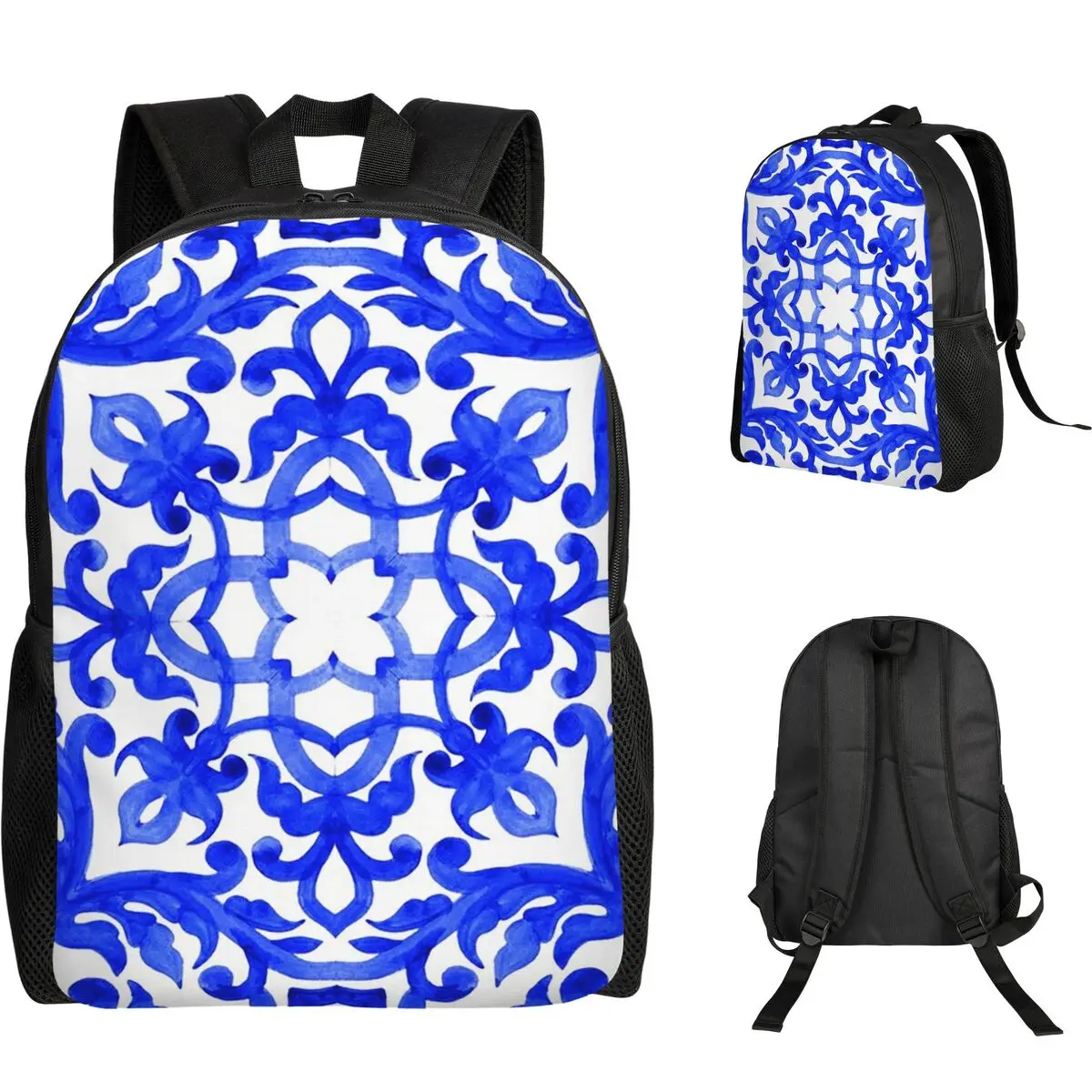 Portuguese Azulejo Tiles Student Backpack School Bag Hiking Travel Daypack for Men Women Fashion Bookbag Shoulder Bags