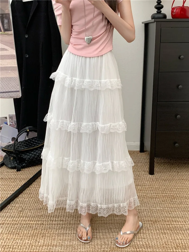 

Юбка-карандаш из белого кружева для женщин, средней длины, А-силуэт, волшебная длинная юбка, новинка весны, сладкий стиль, полиэстер