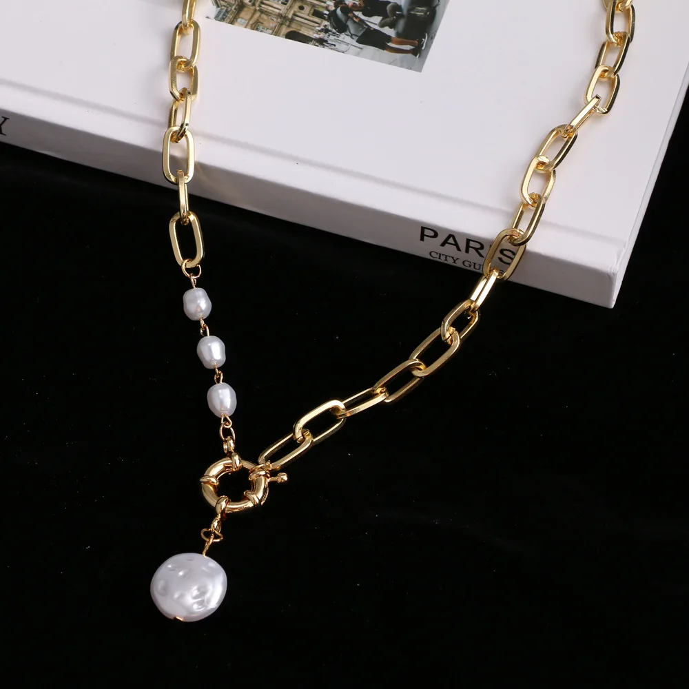 Korean Fashion Pearl Thick Chain Pendant Necklace for Women Kpop Collar Choker Necklace Statement Jewelry Gift Pendientes Mujer