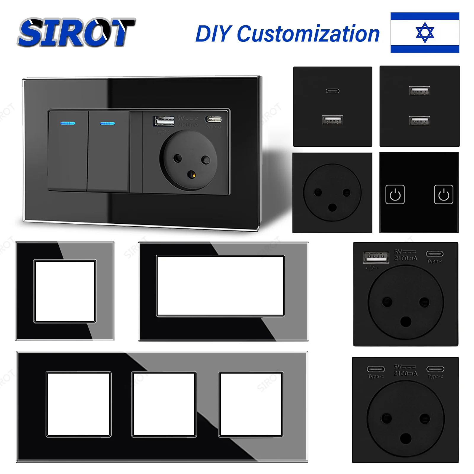 SIROT Israeli Standard Power Socket, Black Glass Frames Type-C USB Plug Touch Switch Computer TV Function Parts Free Combination