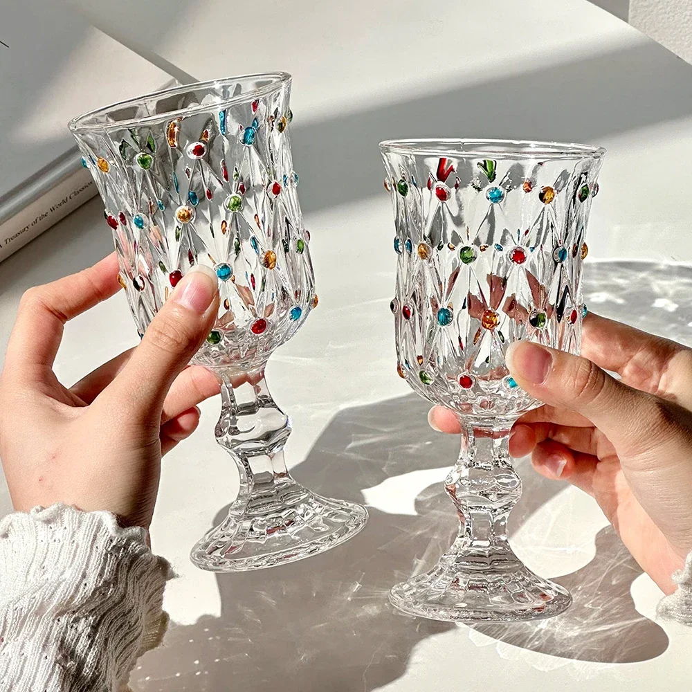 Colorful Dots High Foot Glass Cup French Style Vintage Round Transparent Homehold Drinkware Wine Cocktail Glass Champagne Cups