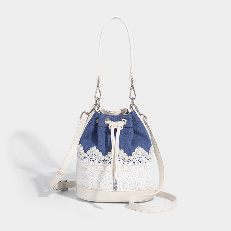 

French Lace Splicing Denim Drawstring Bucket Bag Women's Summer New Color Contrasting Design Handheld One Shoulder Crossbody Bag