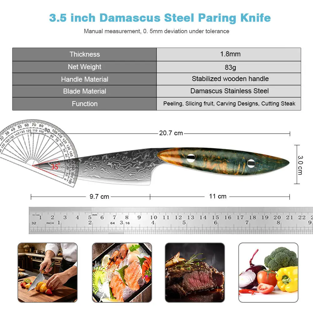 XITUO Pro Japanese 3.5 Inch Paring Knife Damascus Steel Sharp Kitchen Chef Knife for Fruit Peeling,with Stabilized Wooden Handle