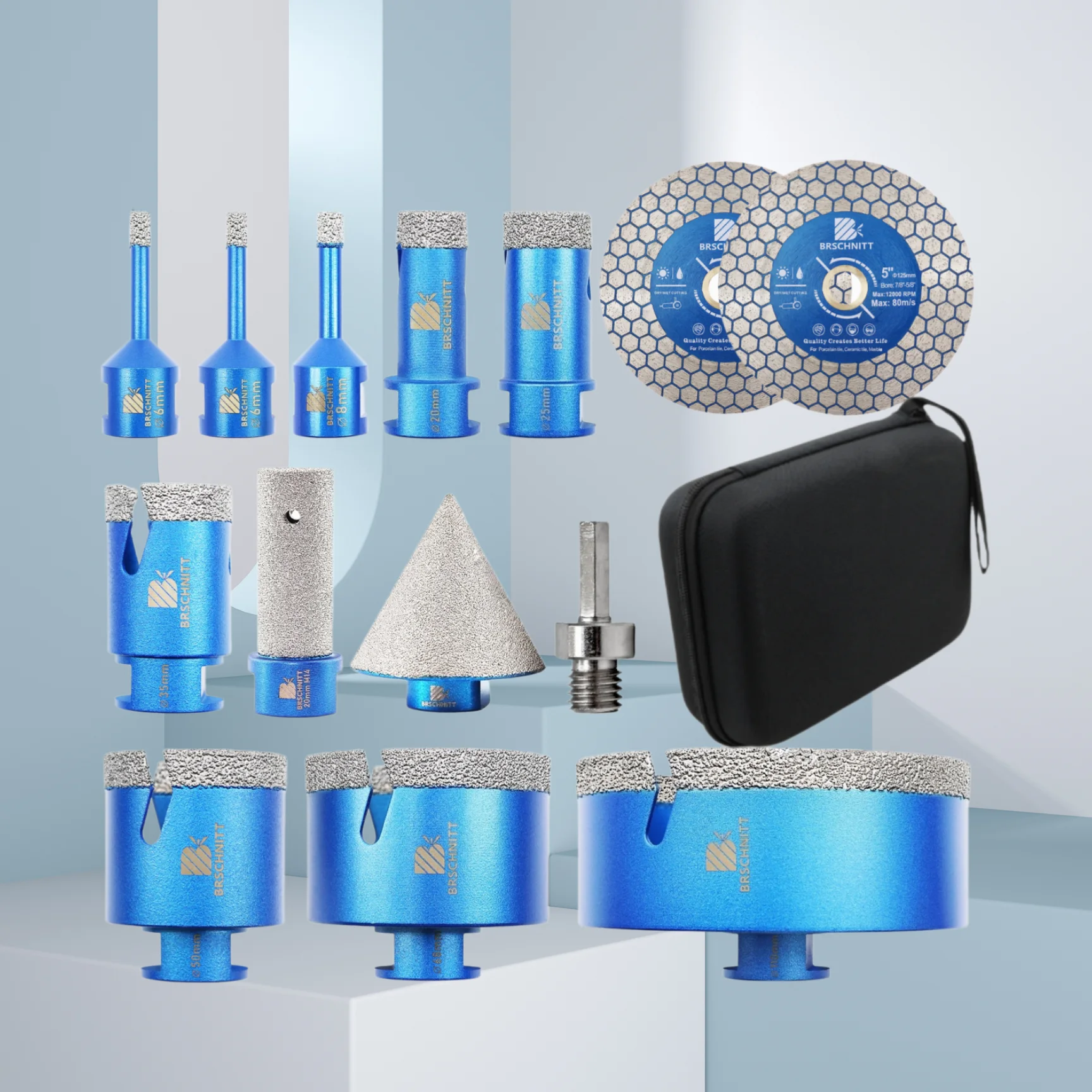 BRSCHNITT Diamantbohrer + Fasenfräser + Fräser + 125mm Trennscheiben für Fliesen, Granit, Marmor, Stein – Fräskern, Fasenadapter, Trennscheibe, Sägeblatt