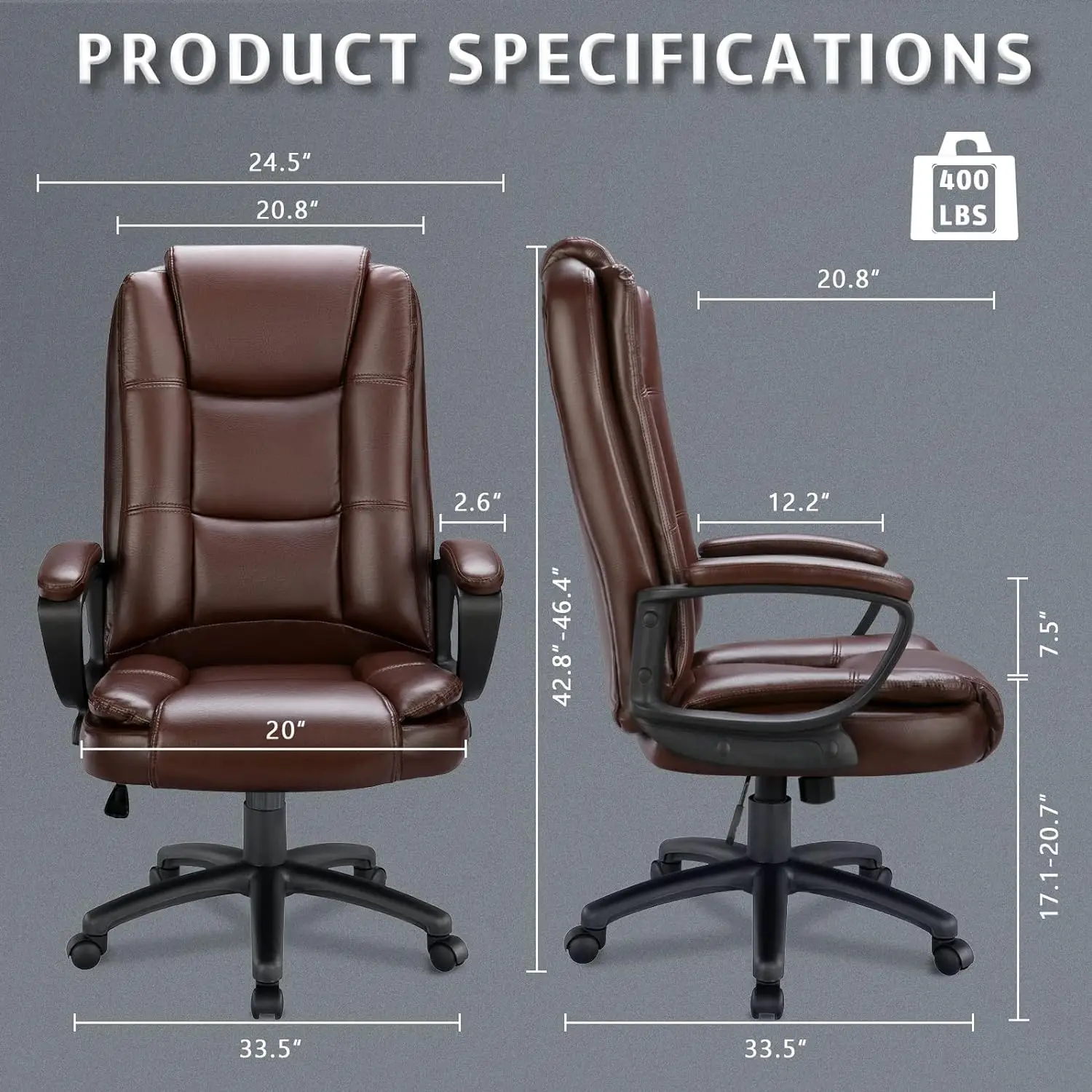 Office Desk Chair, Big and Tall High Back Managerial Executive Computer Chair, Ergonomic Height Adjustable PU Leather Chairs