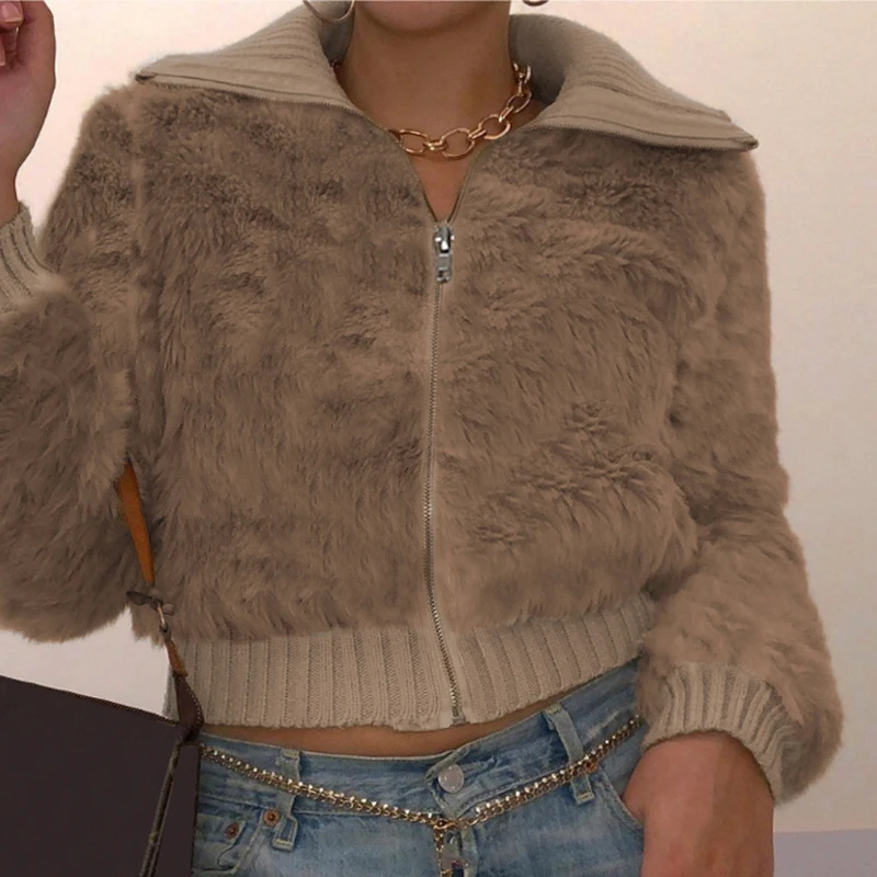 

Y2k Fur Thicken Jackets Brown Warm Cropped Coat Autumn Winter Zipper Harajuku Overcoat Women Cute Casual Outwear 90s E Girl