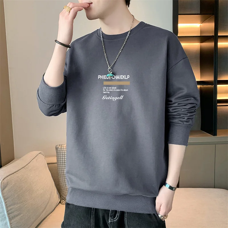 Men's Round Neck Patchwork Printed Loose and Fashionable 2024 New Autumn and Winter Casual Versatile T-shirt Long Sleeved Hoodie