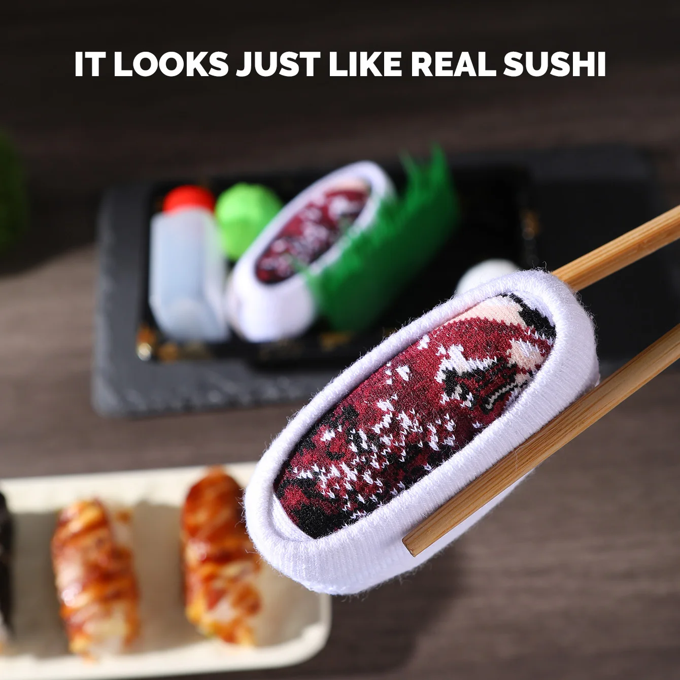 1 Pair of Mid-Calf Socks for Men and Women, Novelty and Fun Colorful Salmon Sushi Gift Box Socks, European and American Fashion Trendy Style, Comfortable and Breathable, Party Casual Novelty Gifts, Valentine's Day, Christmas, Santa Claus, Autumn and Winter Styles, All-Season Cute and Fun Socks