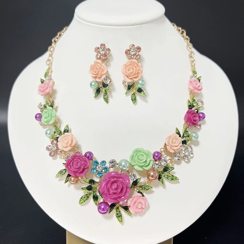 1 Set Multicolor Flowers Crystal Jewelry Set Enamel Camellia Necklace Earrings Set Luxury Elegant Bridal Jewelry Set Wedding