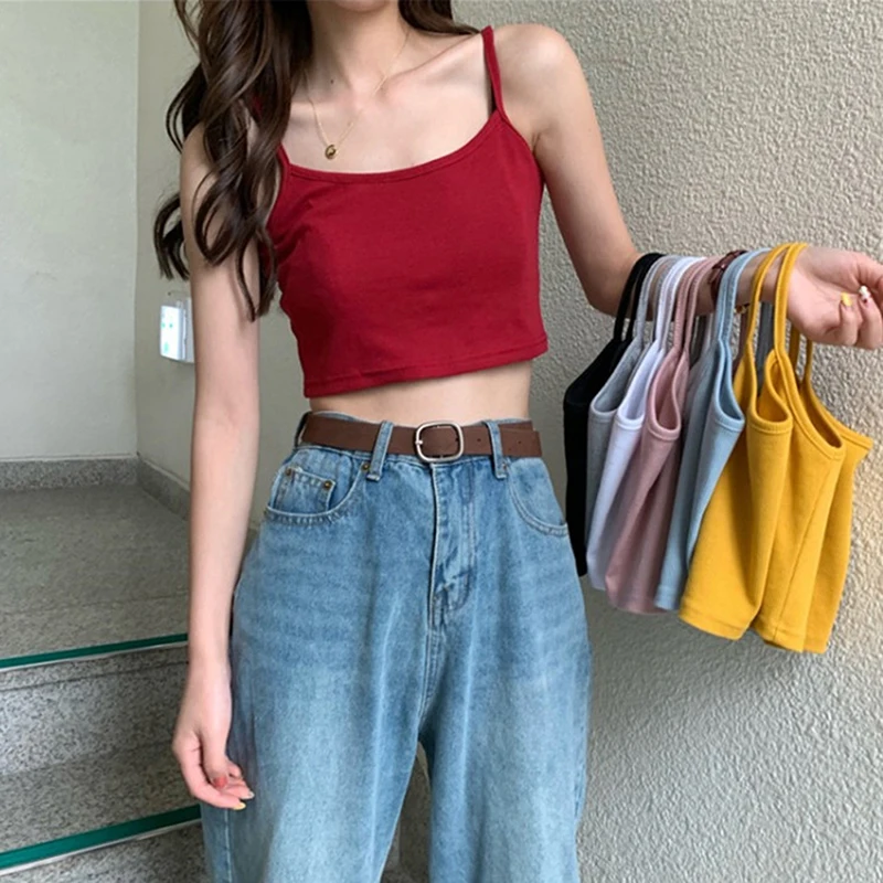 1PCS Women Sexy Solid Camis Crop Top Club High Street Sleeveless Streetwear Casual Tank Tops Vest