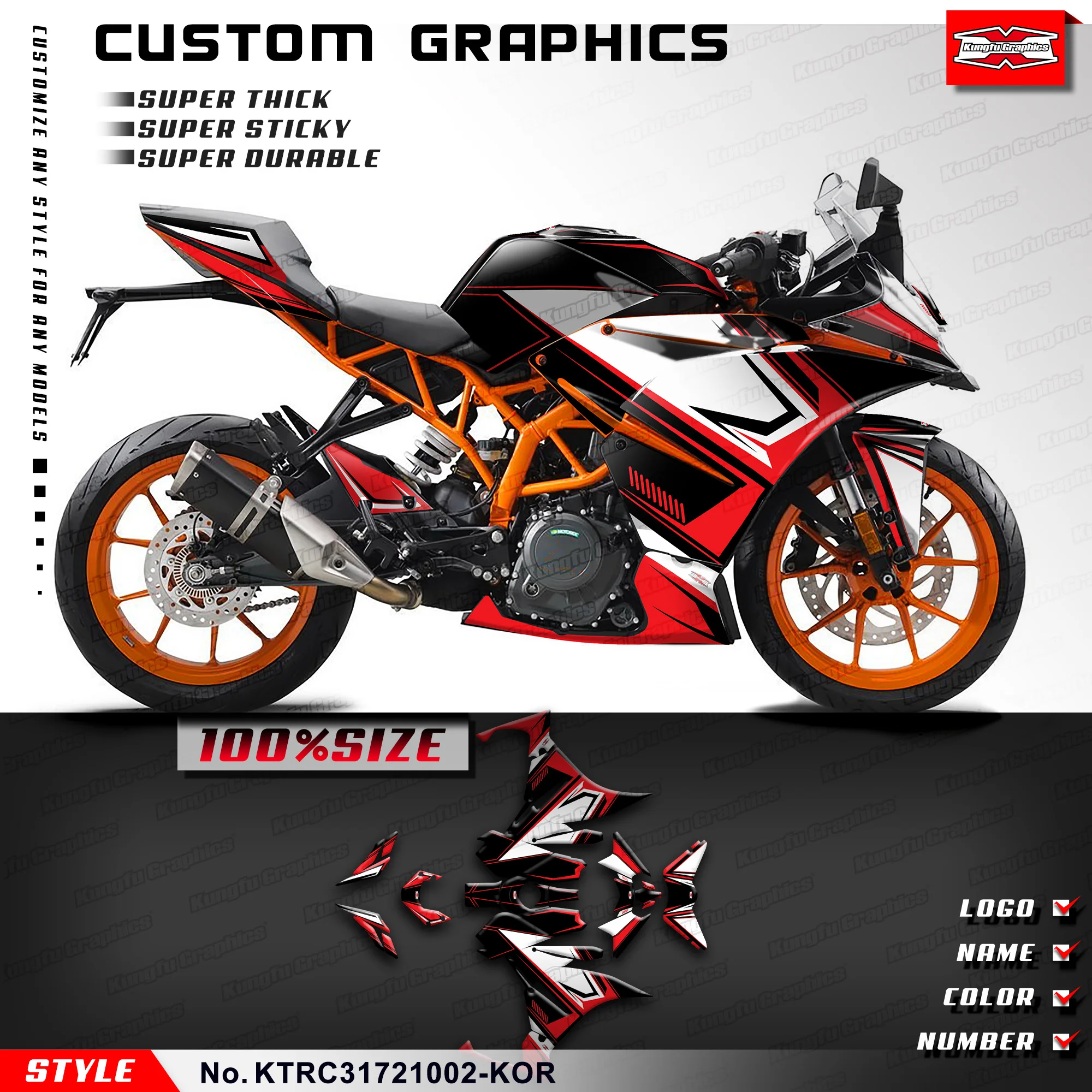 KUNGFU GRAPHICS Motorcycle Graphics Adhesive Sticker for KTM RC 125 200 250 390 2017 2018 2019 2020 21 22 23 24,KTRC31721002-KOR