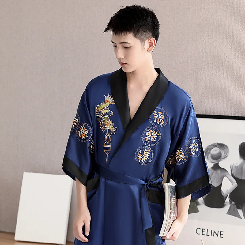 Chinese Style Satin Kimono Men\'s Lapel Mid Length Sleepwear New Spring Summer Bathrobe Nightwear Male Intimate Lingerie Homewear