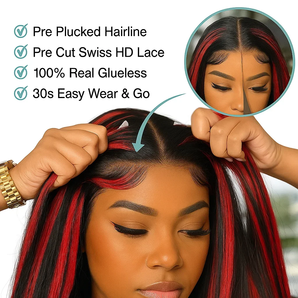 Highlight Lace Closure Wigs Human Hair Bone Straight Red With Black No Silk 5x5 Glueless Lace 1B/99J Colored  Wig Pre Plucked