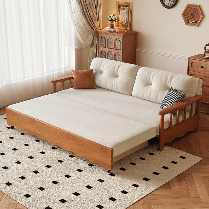 

Hot Sales French-Style Solid Wood Double Sofa Bed Foldable Dual-Use For Modern Home Vintage Storage Straight Row