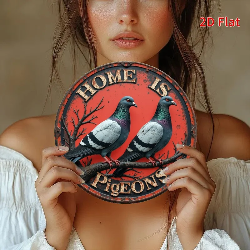 [2D Flat] Vintage-inspiriertes rundes Metallschild 19,81 x 19,81 cm – „Home is Where the Pigeons Are“, Design, Wandbehang aus Eisen für