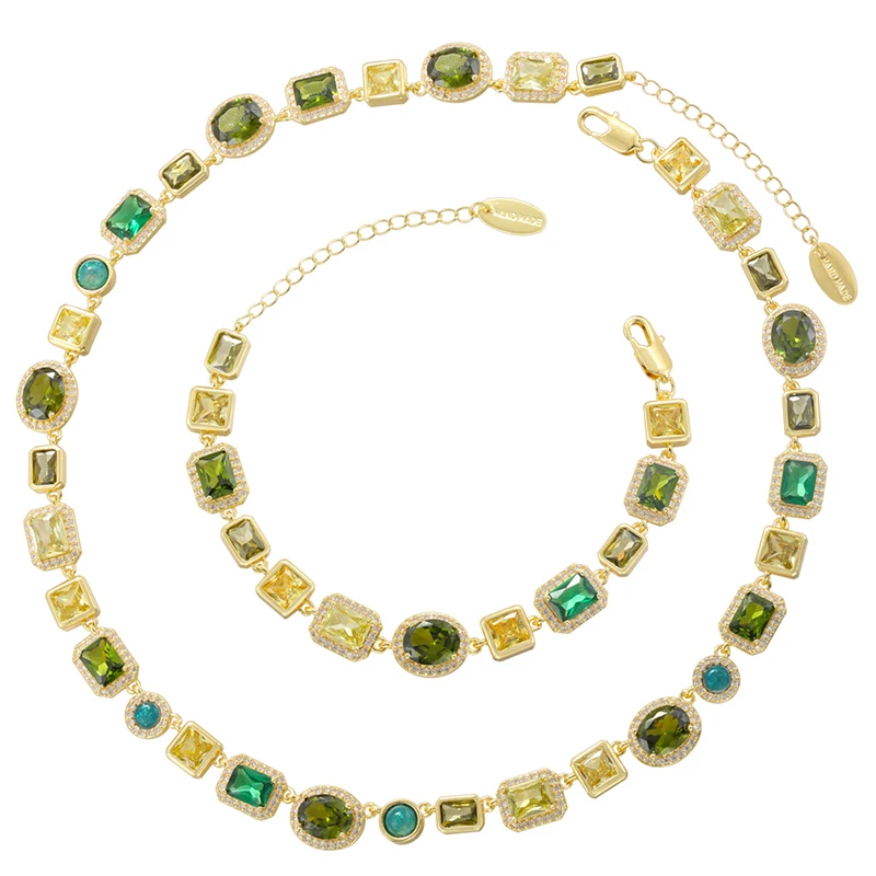 Olive Green/Purple CZ Geometric Bracelet and Necklace Set Unisex Luxury Jewelry Multicolored Gemstone Jewelry:VL837 VL838