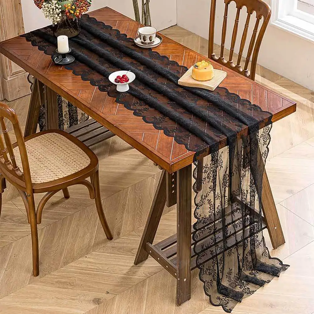 Soft Table Cover Vintage Floral Lace Table Runner Sheer Embroidery Tablecloth Decorative Wedding Bridal Shower Party Table Cover