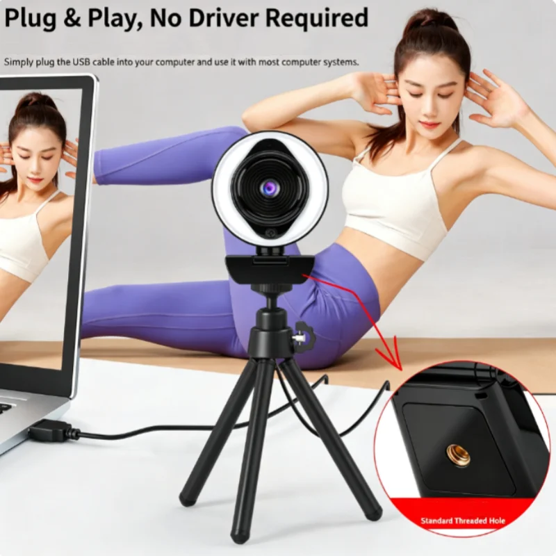 2K/4K Webcam Mini Full HD Webcam With Ring Fill Light USB Camera Live Broadcast For Youtube PC Laptop Video Shooting