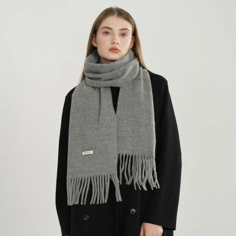 

Плетеный шарф с перекрестными кисточками, однотонный для женщин, смесь шерсти, универсальный, модный, атмосферный, теплый, толстый шарф