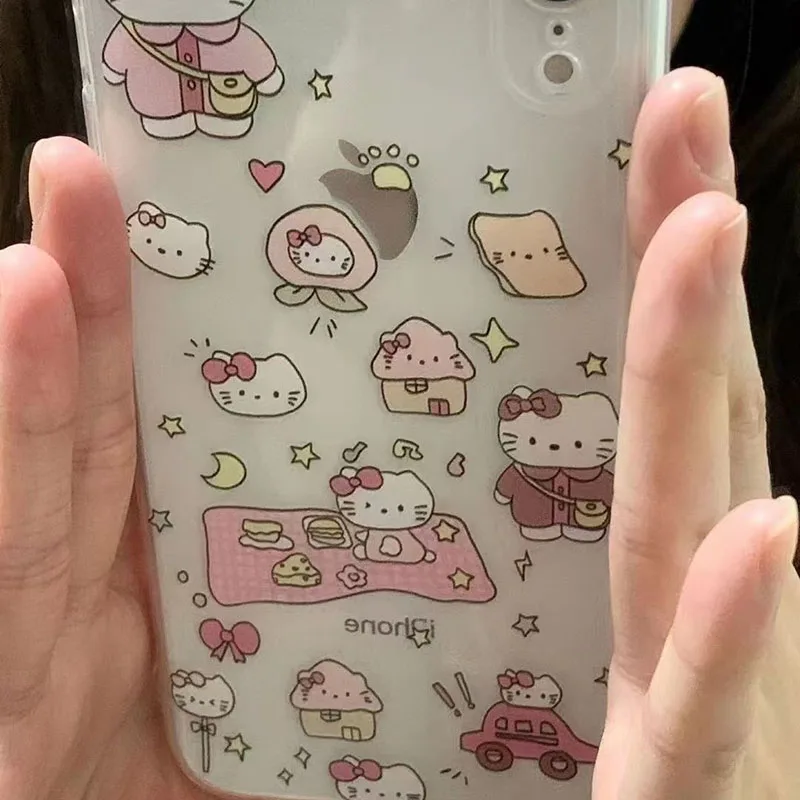 New Camp Hello Kittys IPhone 16 Case Cute 13 14 Cartoon Transparent  Anti Slip X Silica Gel 12 Ultrathin 11 Soft Shell Girl Gift