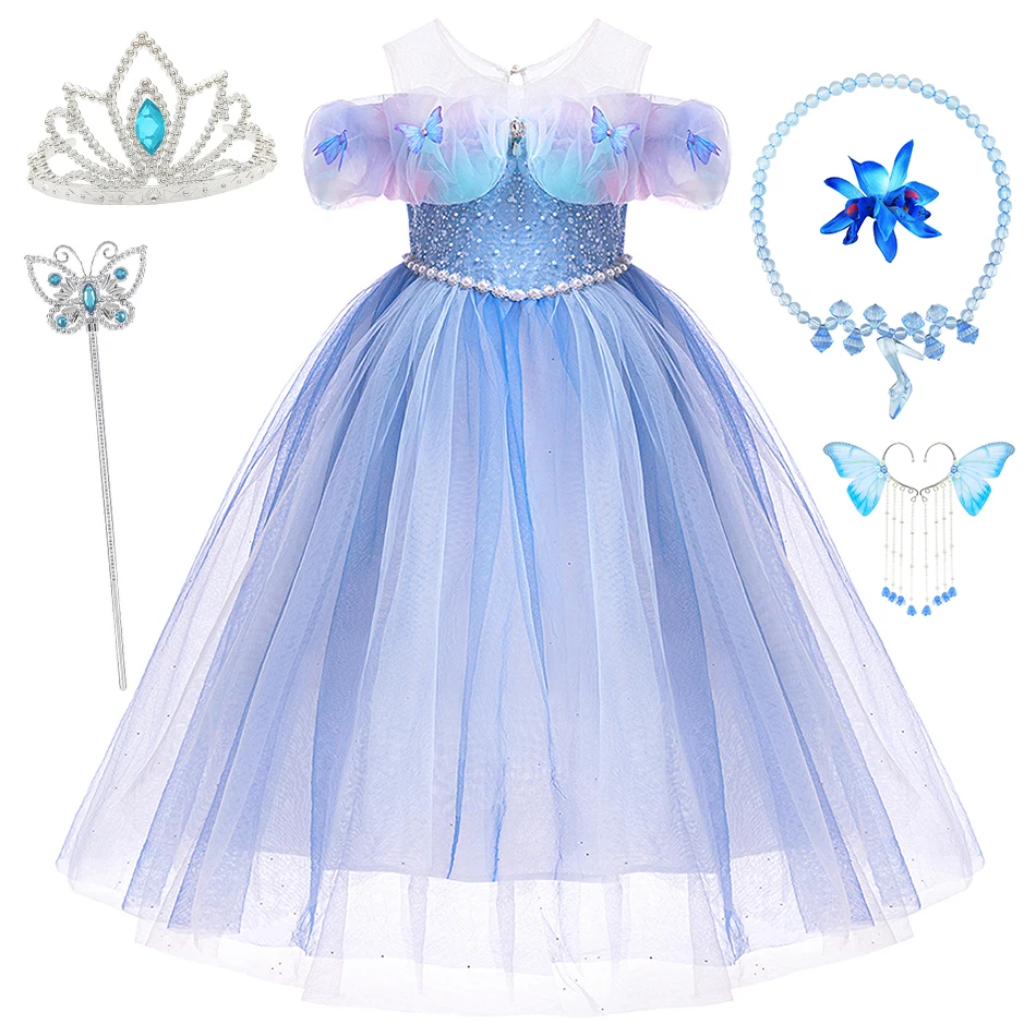 Cinderella Fairy Princess Dress Girl Butterfly Mesh Gown Child Cosplay Carnival Birthday Party Clothes Kids Performance Costumes