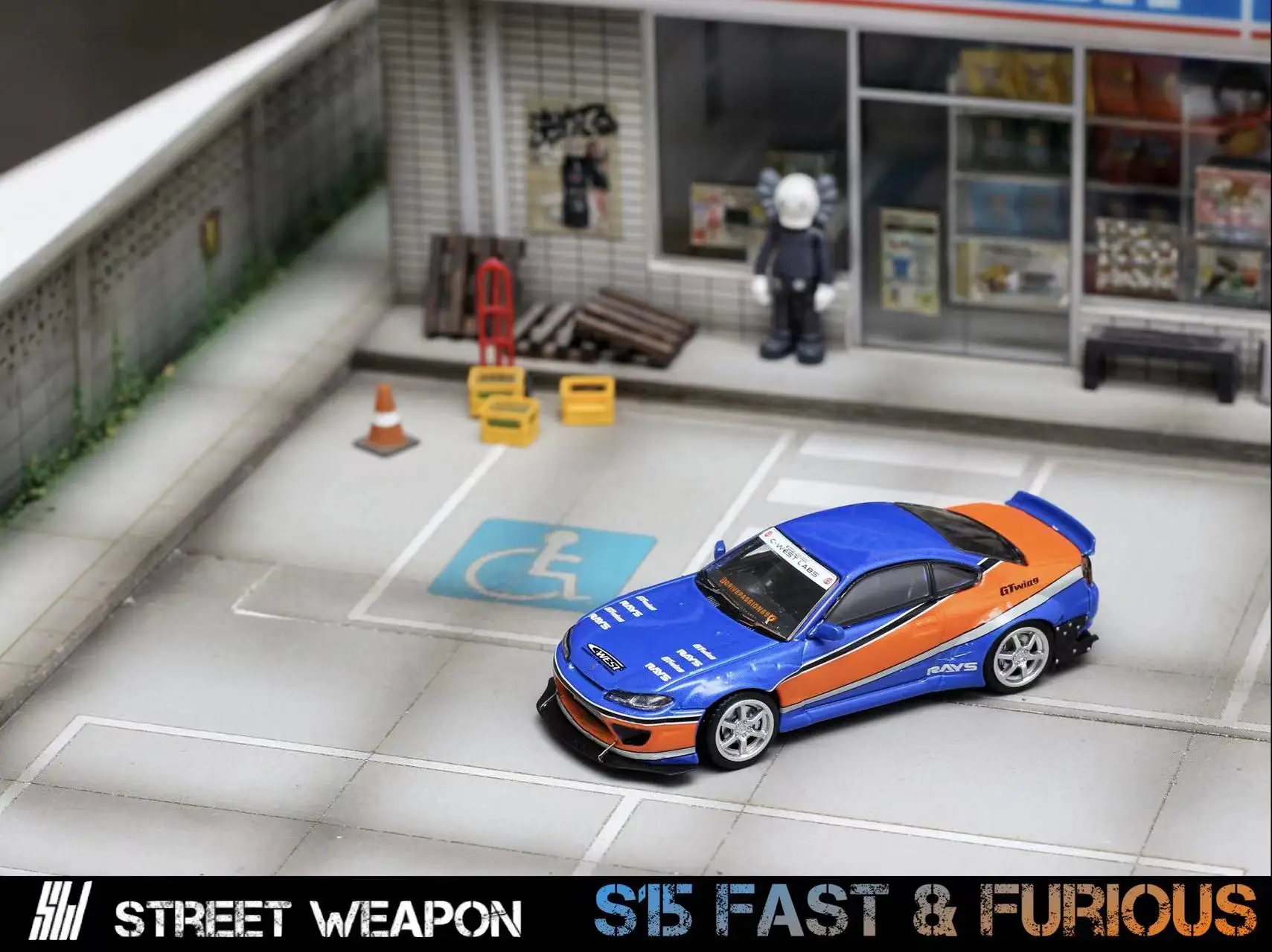 **Pre-order ** SW 1:64 Silvia S15 Pandem Rocket Bunny FNF Blue Orange Model Car