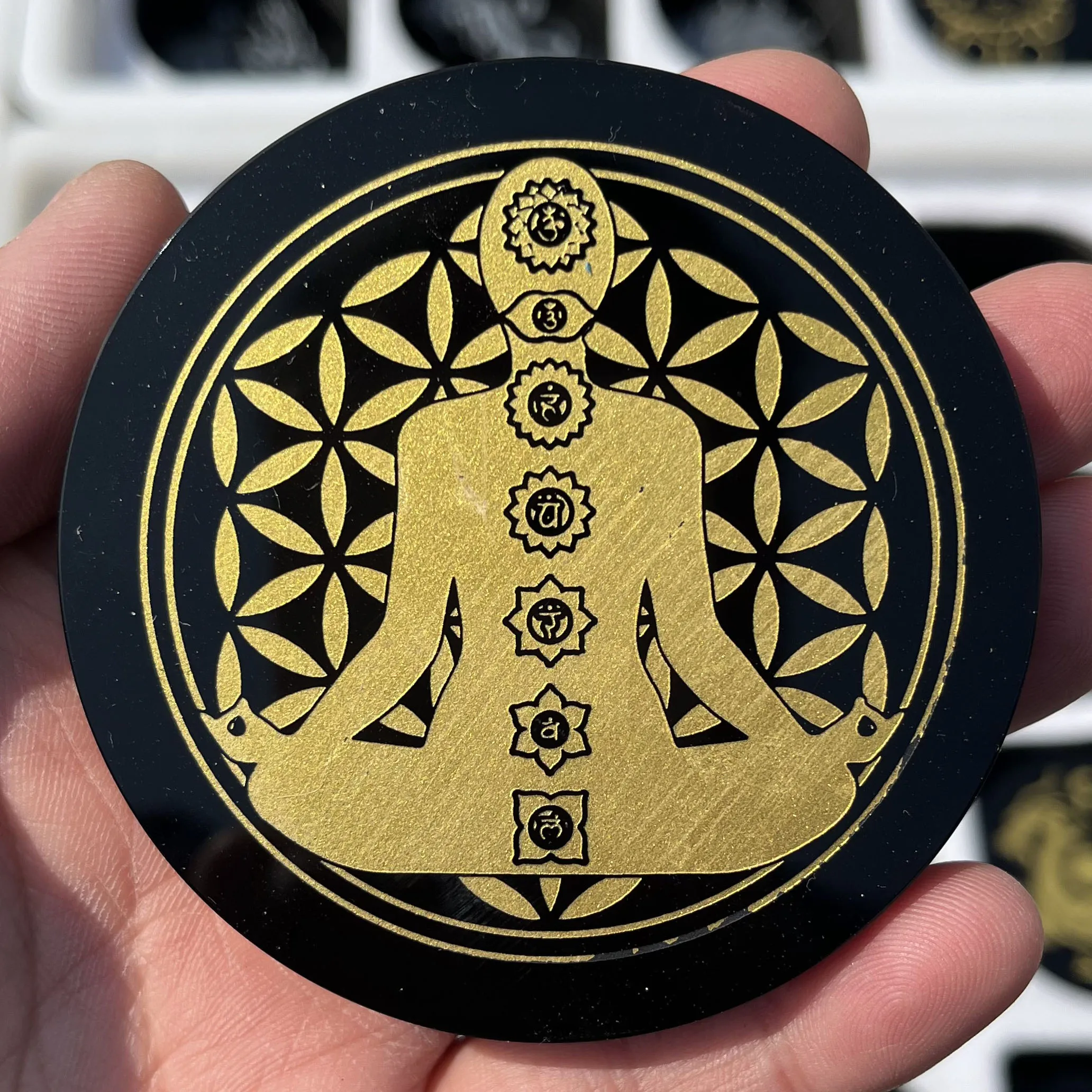 Natural Obsidian Round Crystal Disk 7 Chakras Flower of Life Charging Board Yoga Meditation Feng Shui Healing Divination Mirror