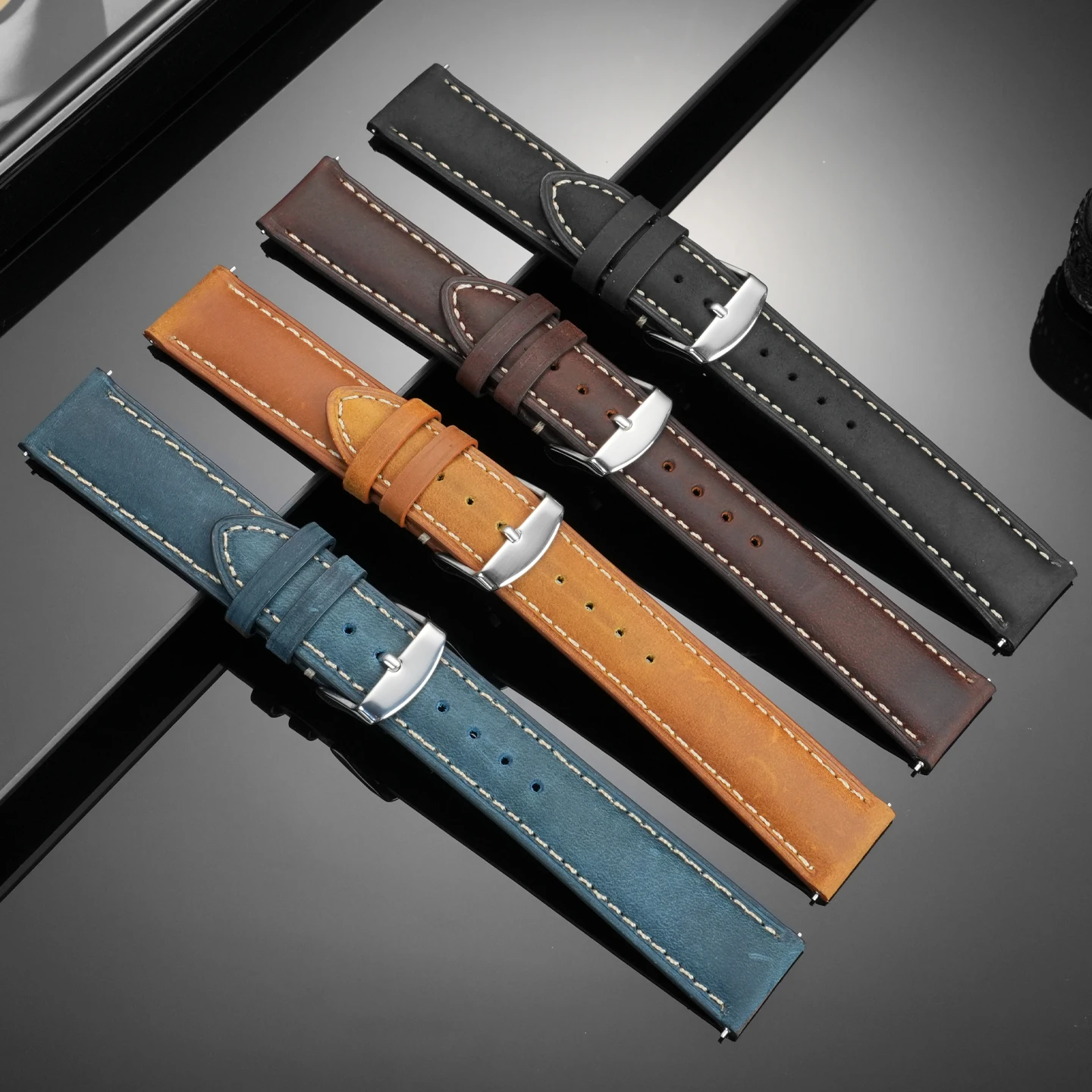18mm 20mm 22mm vintage leather strap for IWC Tudor Hamilton Breitling Seiko Tissot Seagull quick release strap blue/black/brown view 2