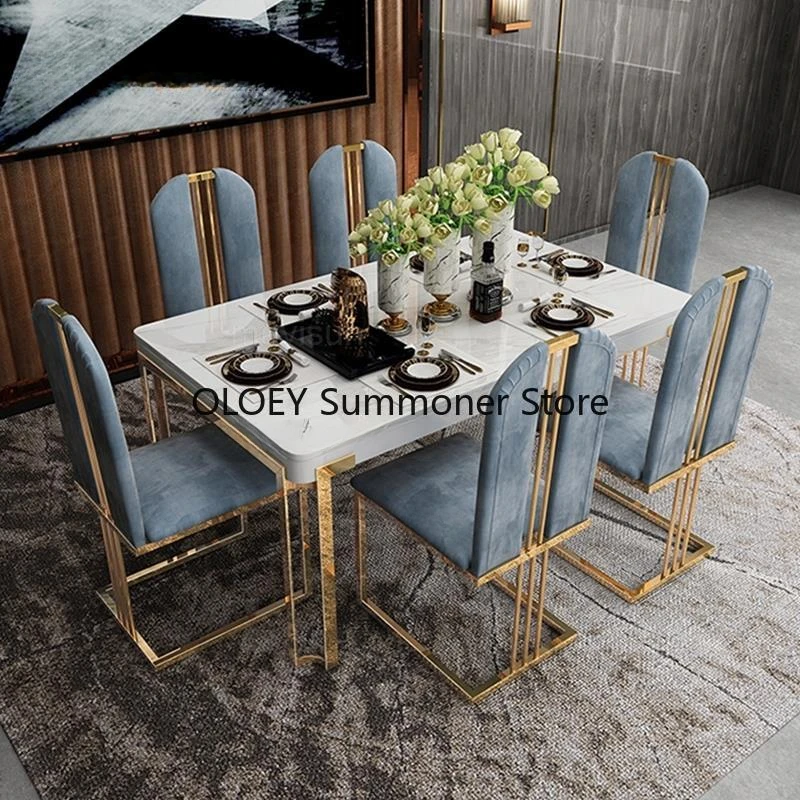 Rectangular Kitchen Table Natural Cave Stone Dining Table And Chairs Combination 4-6 People Stainless Steel Home Furniture Set