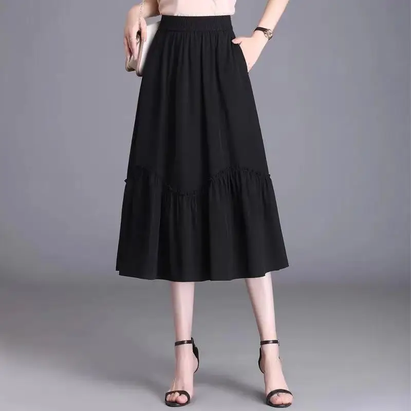 Fashion Solid Color Elastic Waist Pockets Spliced Ruffles Skirts Women Clothing 2024 Spring Summer Loose Casual High Waist Skirt