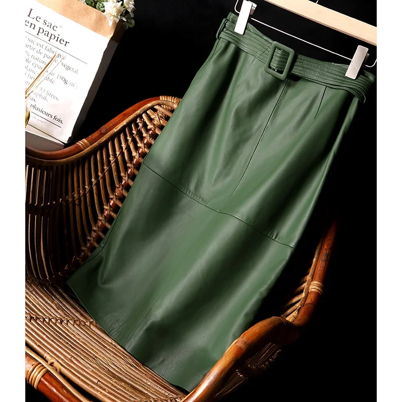 

eepskin Leather Skirt High Waist Women's Sle Ele Splicing Pure Color Autumn Winter New Arrival H-ape f Body Skirt