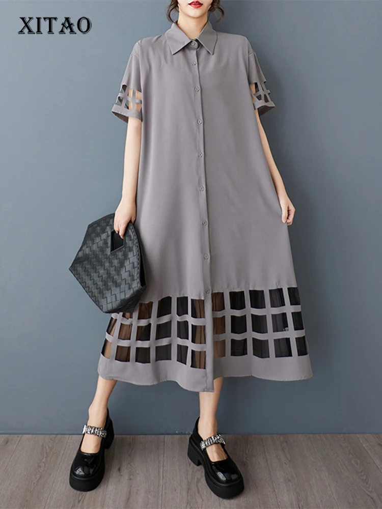 

XITAO Patchwork Mesh Hollow Out Dress Solid Color Loose Half Sleeve Mid-calf A-line Elegant Fashion Summer Female Dress GYX1409