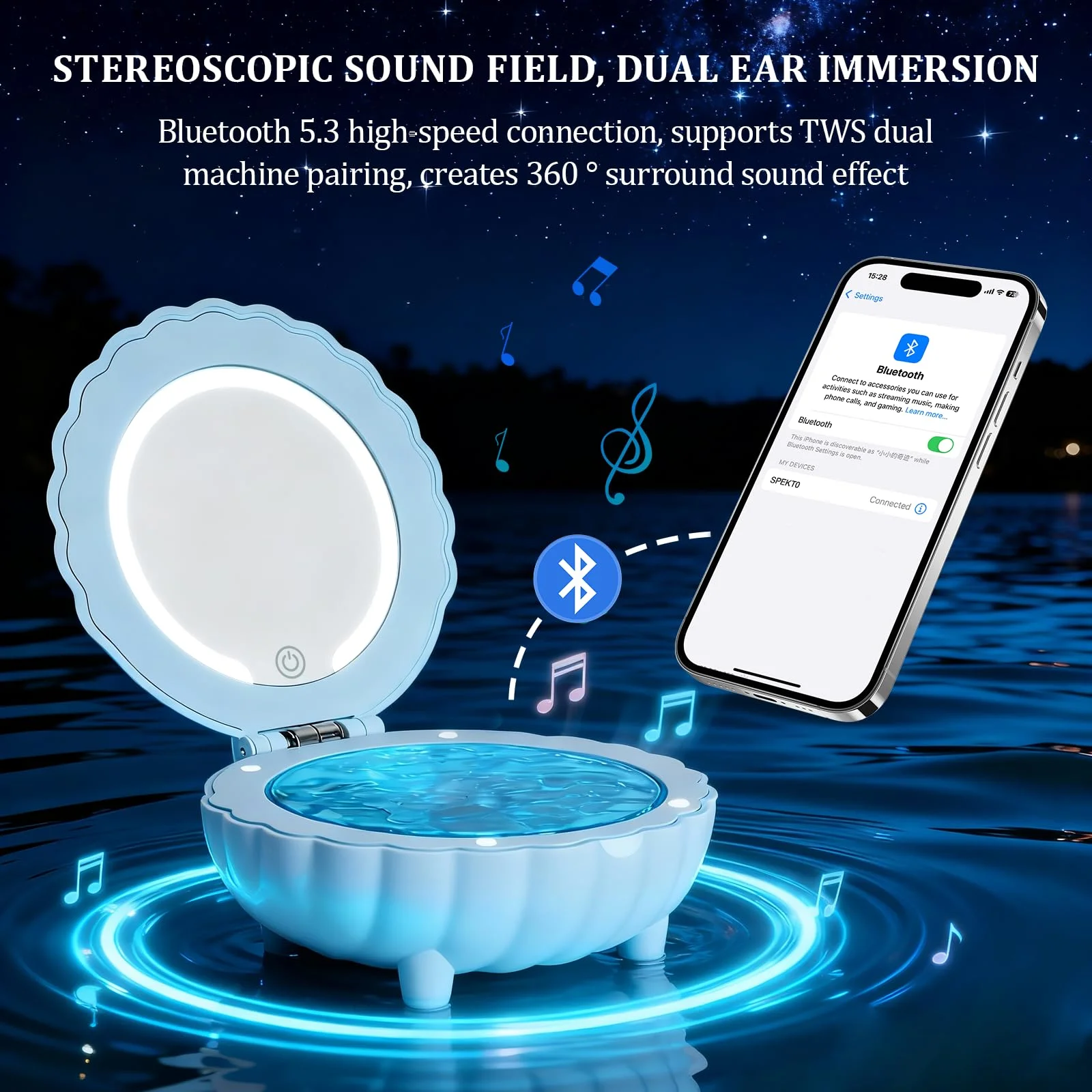 

6-in-1 Shell Bluetooth Speaker Projector Light,Makeup Mirror, TWS Pairing with Remote Control,1200mAh 8H Battery for Home Party