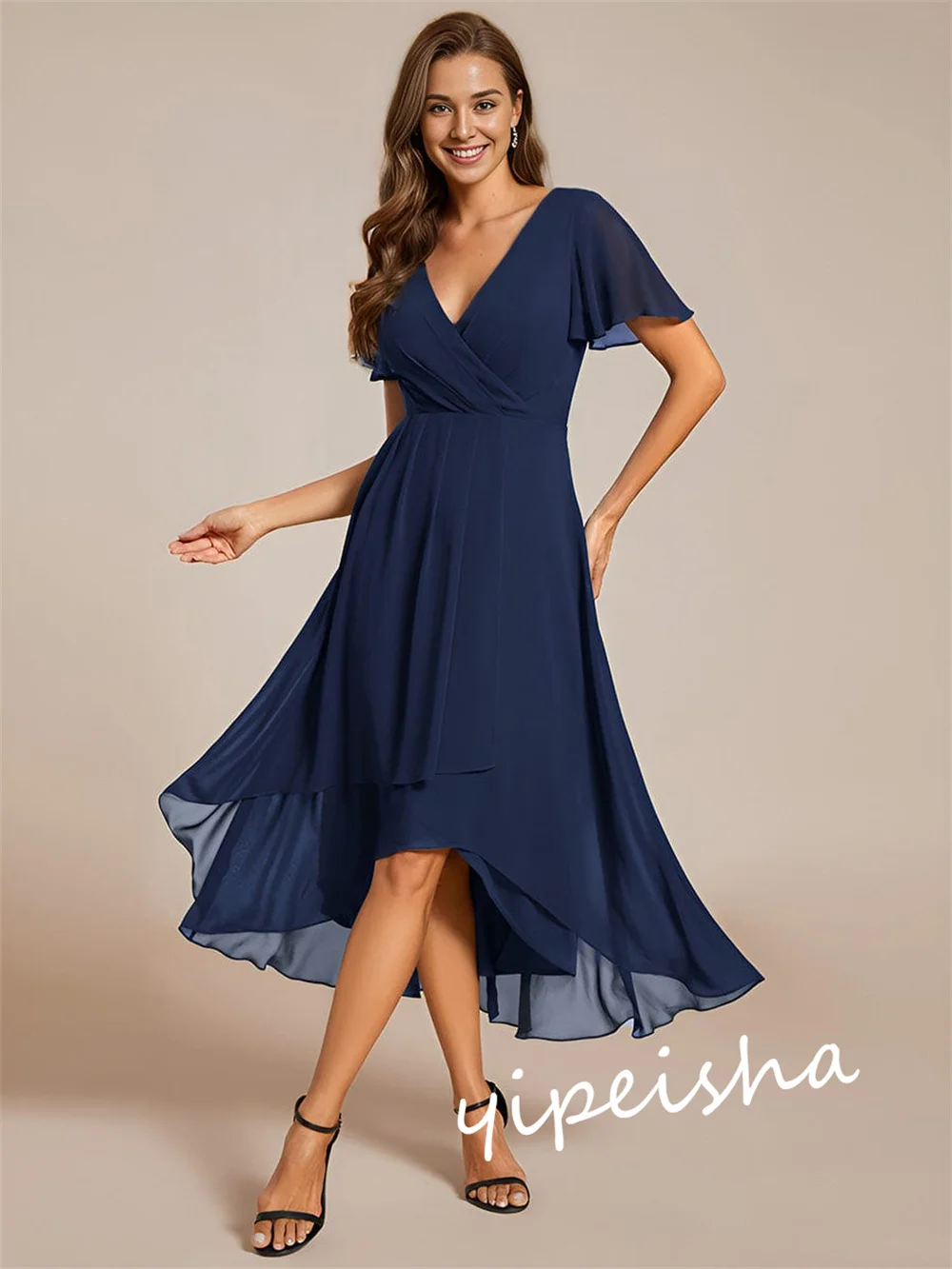 Customized Draped  A-line V-neck Bespoke Occasion Gown Midi Dresses Simple High/Low Party Gown Customized Bridesmaid Dress