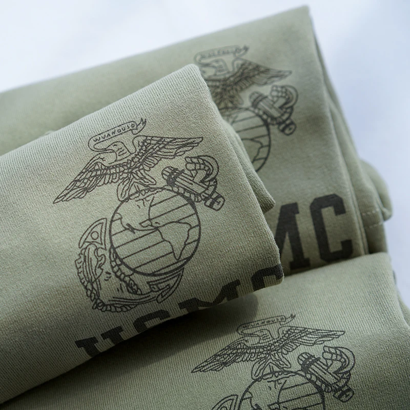 Retro round Neck Short Sleeve T-Shirt Pure Cotton Vintage Print USMC Khaki Military Green Half Sleeve Body T-Shirt for Men