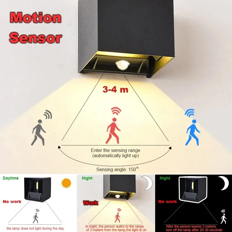 12W PIR Sensor LED Wall Light Outdoor Waterproof IP65 Porch Garden Wall Lamp Indoor Bedroom Bedside Decoration Lighting